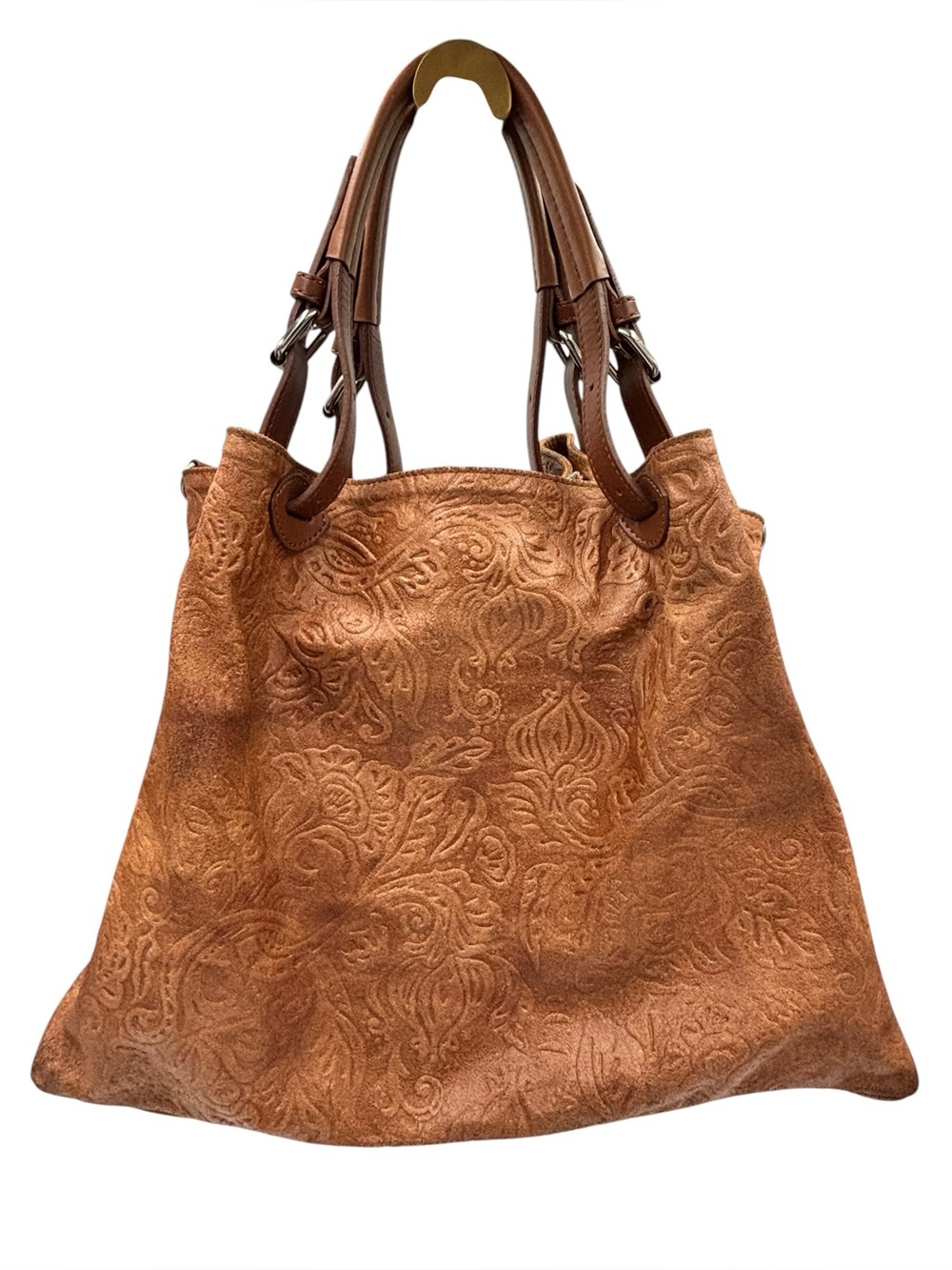 ISADORA Made in Italy Embossed Suede Leather Tote Bag Boho Floral Cognac